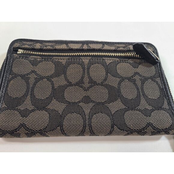 Coach Signature Canvas Long Zip Around Wallet Wristlet Black Grey - Picture 5 of 5